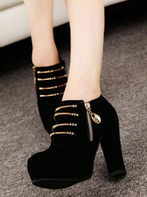 Spring Autumn New Black Thick Heel High Heel Shoes For Women, Suede Fabric Beaded Side Zipper